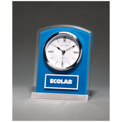 Glass Clock with Blue Carbon Fiber Design on Aluminum Base