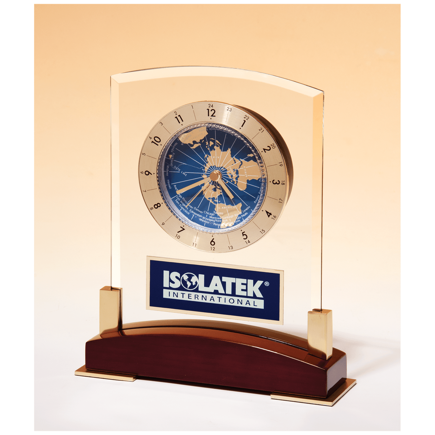 Glass Clock with World Time Dial on Piano Finish Base, Black Aluminm Plate