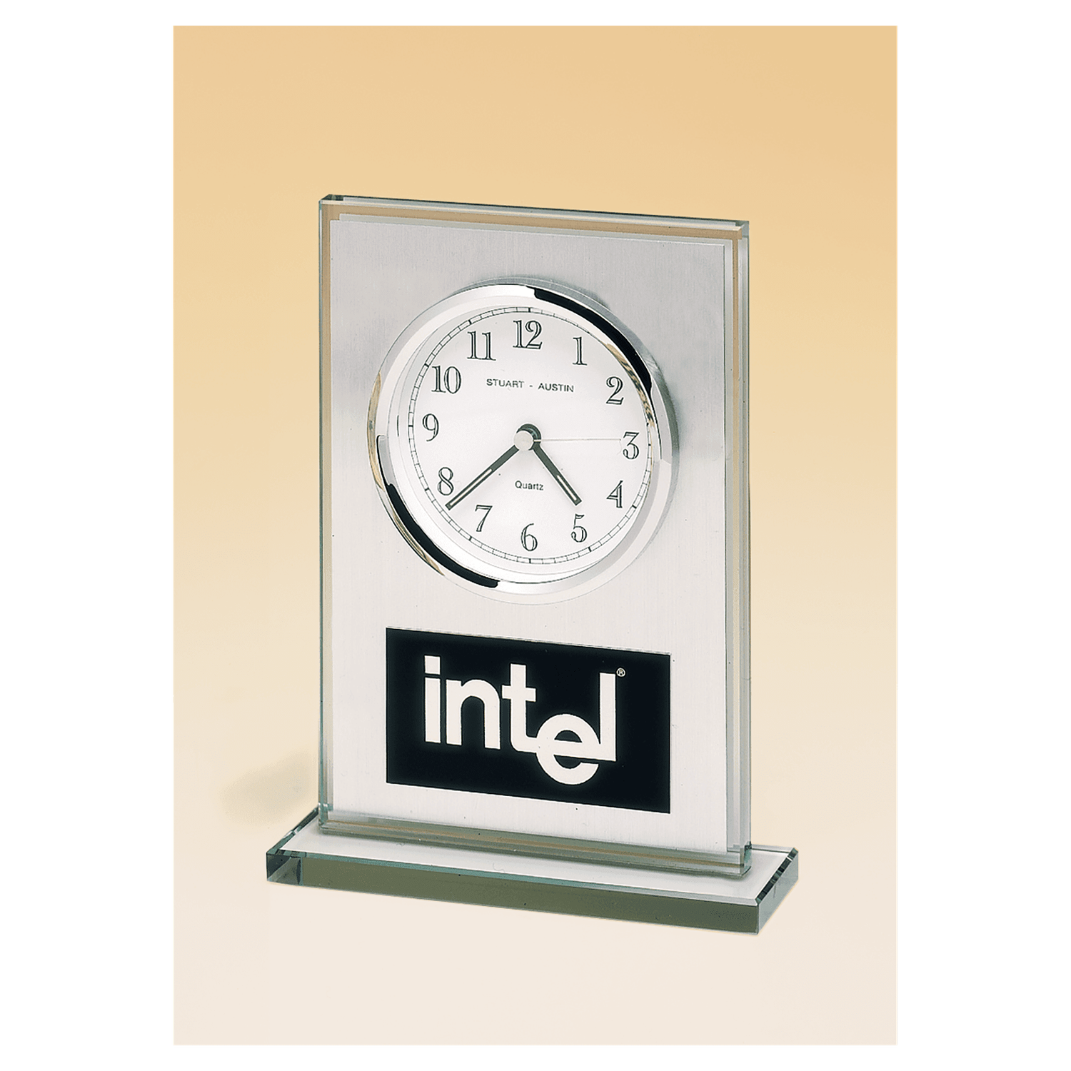 Glass Clock, Brushed Aluminum Panel, White Dial and Black Aluminum Plate