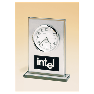 Glass Clock, Brushed Aluminum Panel, White Dial and Black Aluminum Plate