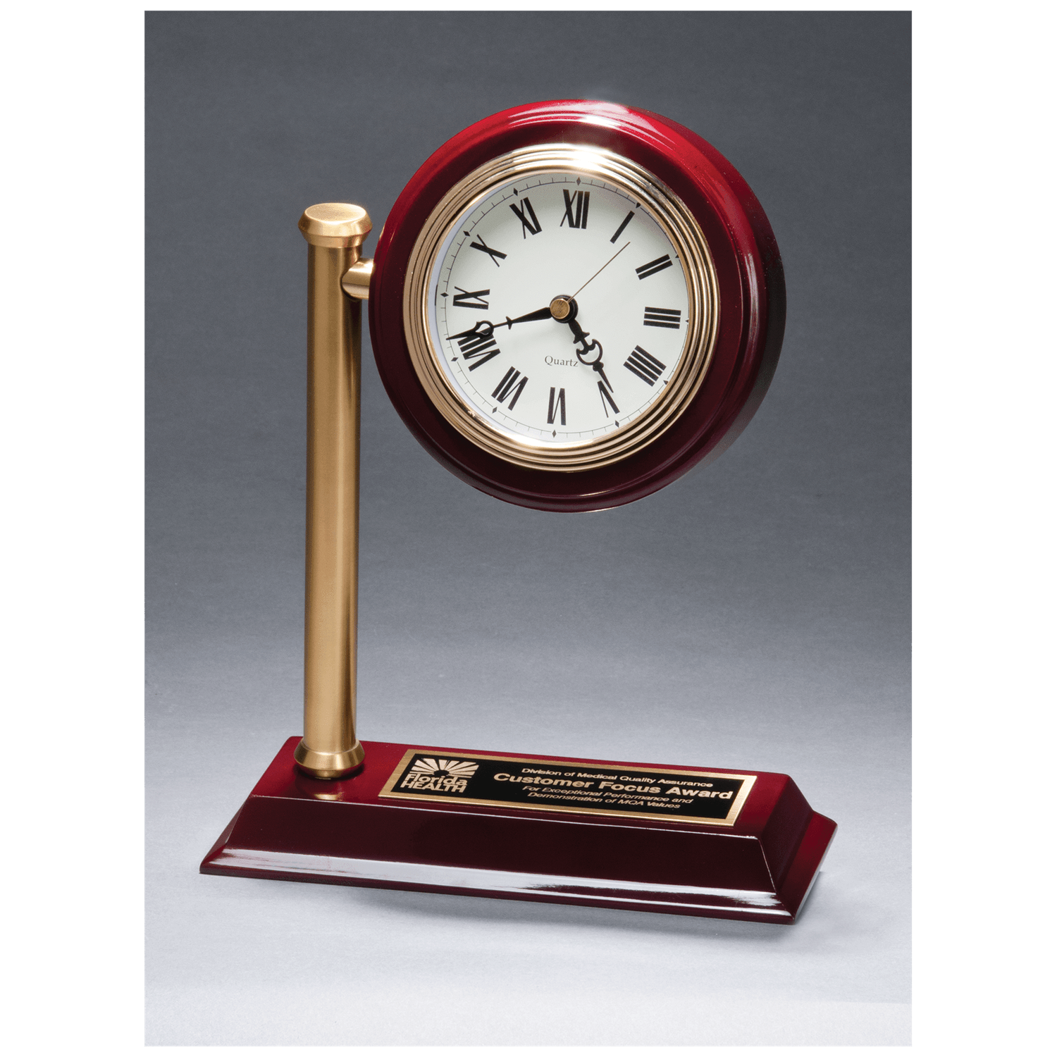 Rail Station Style Desk Clock on Rosewood Finish High Gloss Base, Black Plate