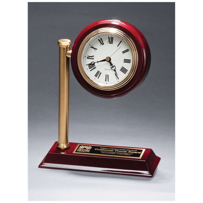 Rail Station Style Desk Clock on Rosewood Finish High Gloss Base, Black Plate