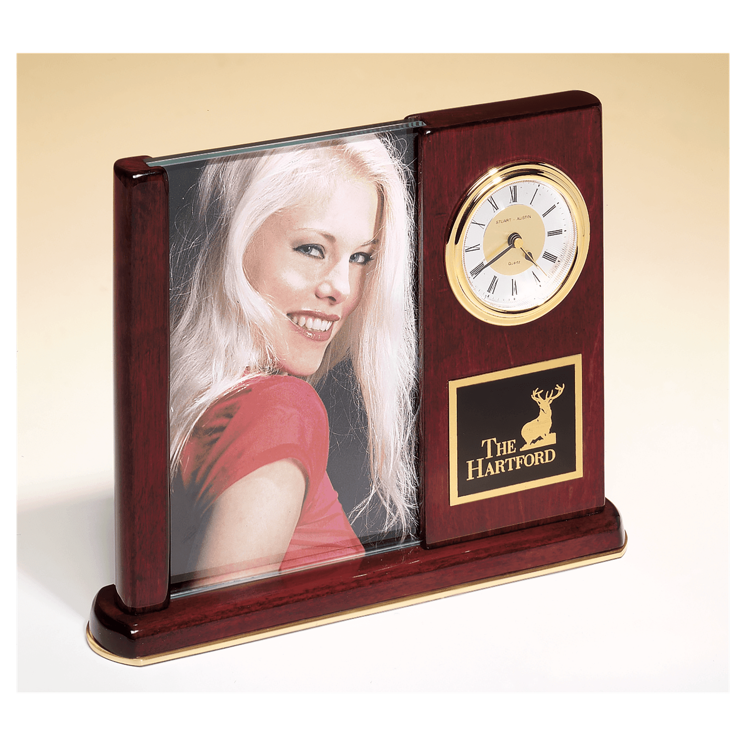 Rosewood Piano Finish Clock with Glass Picture Frame/Black Plate