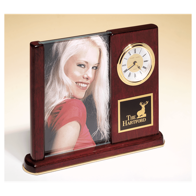 Rosewood Piano Finish Clock with Glass Picture Frame/Black Plate