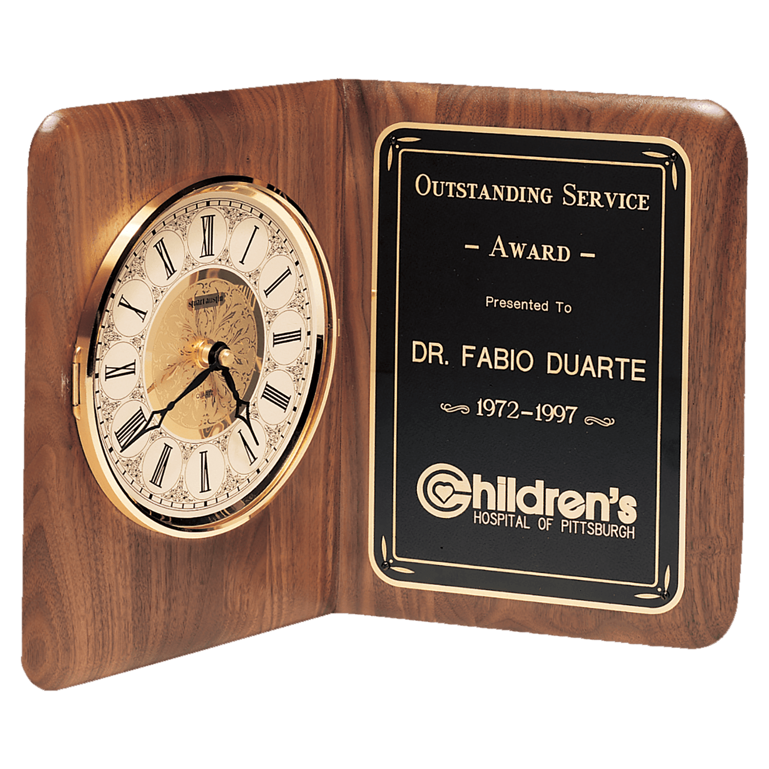 Walnut Quartz Book Clock, Brass Diamond Spun Bezel, Glass Lens, Ivory Dial