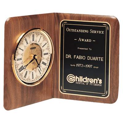 Walnut Quartz Book Clock, Brass Diamond Spun Bezel, Glass Lens, Ivory Dial