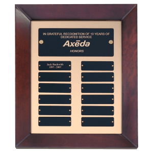 Cherry Finish Perpetual Plaque w/12 Black Brass Plates on Brushed Gold Backer