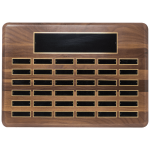 Walnut 36 Plate Perpetual Plaque with Black Brass Plated Steel Plates