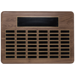 Walnut 48 Plate Perpetual Plaque with Black Brass Plated Steel Plates