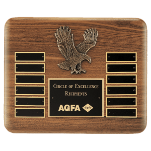 Walnut 12 Plate Perpetual Plaque w/Antique Bronze Eagle Casting/LaserFX Plates