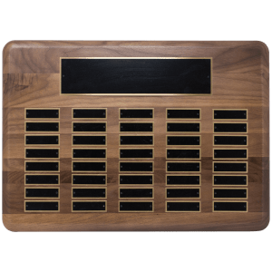 Walnut 40 Plate Perpetual Plaque with Black Brass Plated Steel Plates