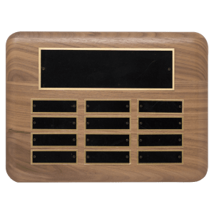 Walnut 12 Plate Perpetual Plaque with Black Brass Plated Steel Plates