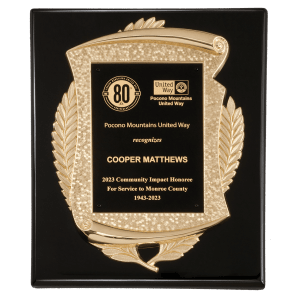 Black Piano Finish Plaque with Gold Scroll Frame &amp; Black LaserFX Plate