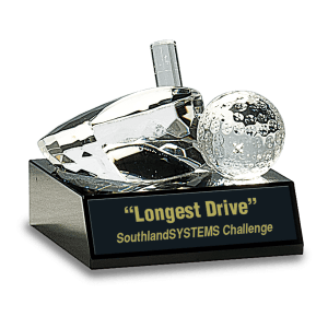 Clear Crystal Golf Ball &amp; Club on Black Pedestal Base