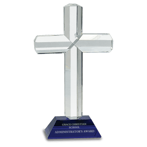 Crystal Cross on Blue Pedestal Base