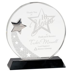 Large Round Crystal with Silver Star on Black Pedestal Base