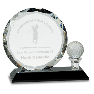 Large Round Facet Crystal with Golf Ball on Black Pedestal Base
