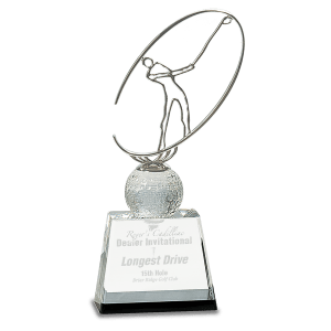 Small Clear/Black Crystal Golf Award with Silver Metal Oval Figure