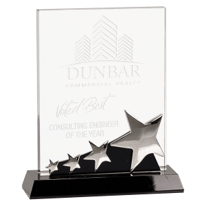 Small Rectangle Crystal with Silver Stars on Black Pedestal Base