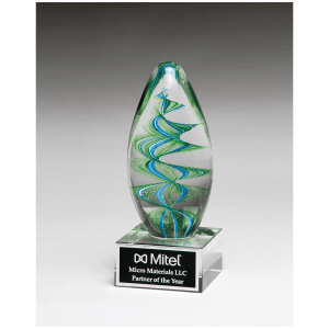 Blue and Green Helix Egg Shaped Art Glass with Black Laserable Aluminum Plate