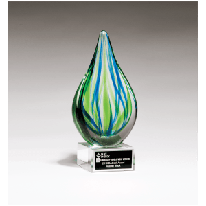 Blue and Green Teardrop Art Glass with Black Laserable Aluminum Plate
