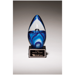 Blue Egg Shaped Art Glass on Black Glass Base w/Black Laserable Aluminum Plate