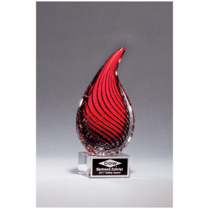 Red Teardrop Art Glass on Clear Glass Base/Black Laserable Aluminum Plate