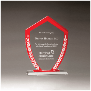 Shield Shaped Glass Award with Red Border and White Laurel Leaves