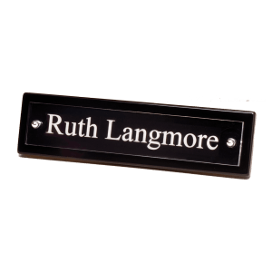 Black Piano Finish Nameplate with Acrylic Engraving Plate, Two Silver Posts