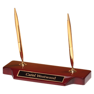 Double Gold-Tone Pen Set on Rosewood Piano Finish Base, Black Plate