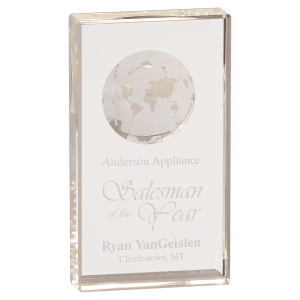 Large Clear Crystal Rectangle with Globe Etching