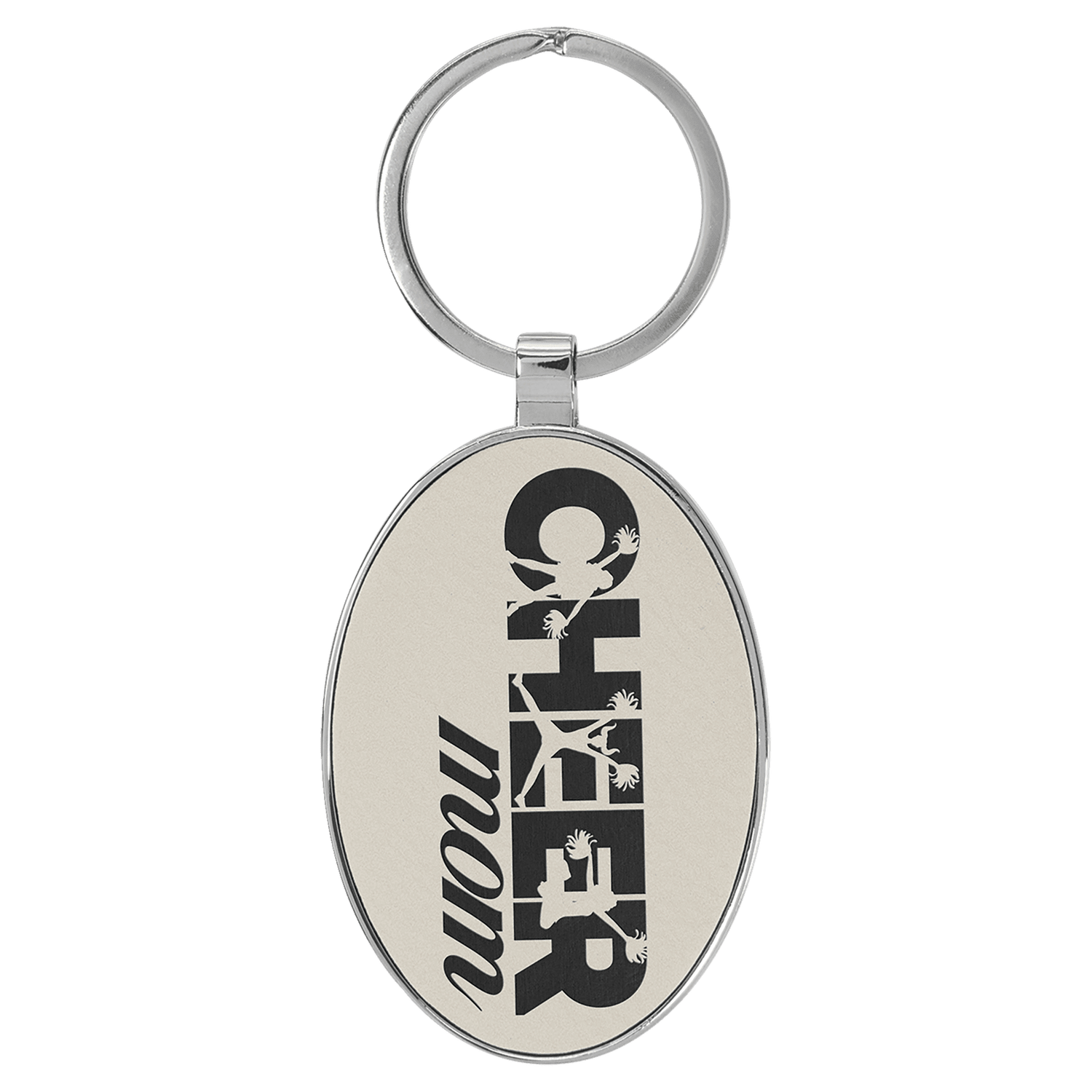 White Leatherette Oval Keychain with Metal Frame