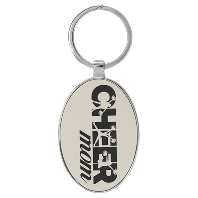 White Leatherette Oval Keychain with Metal Frame