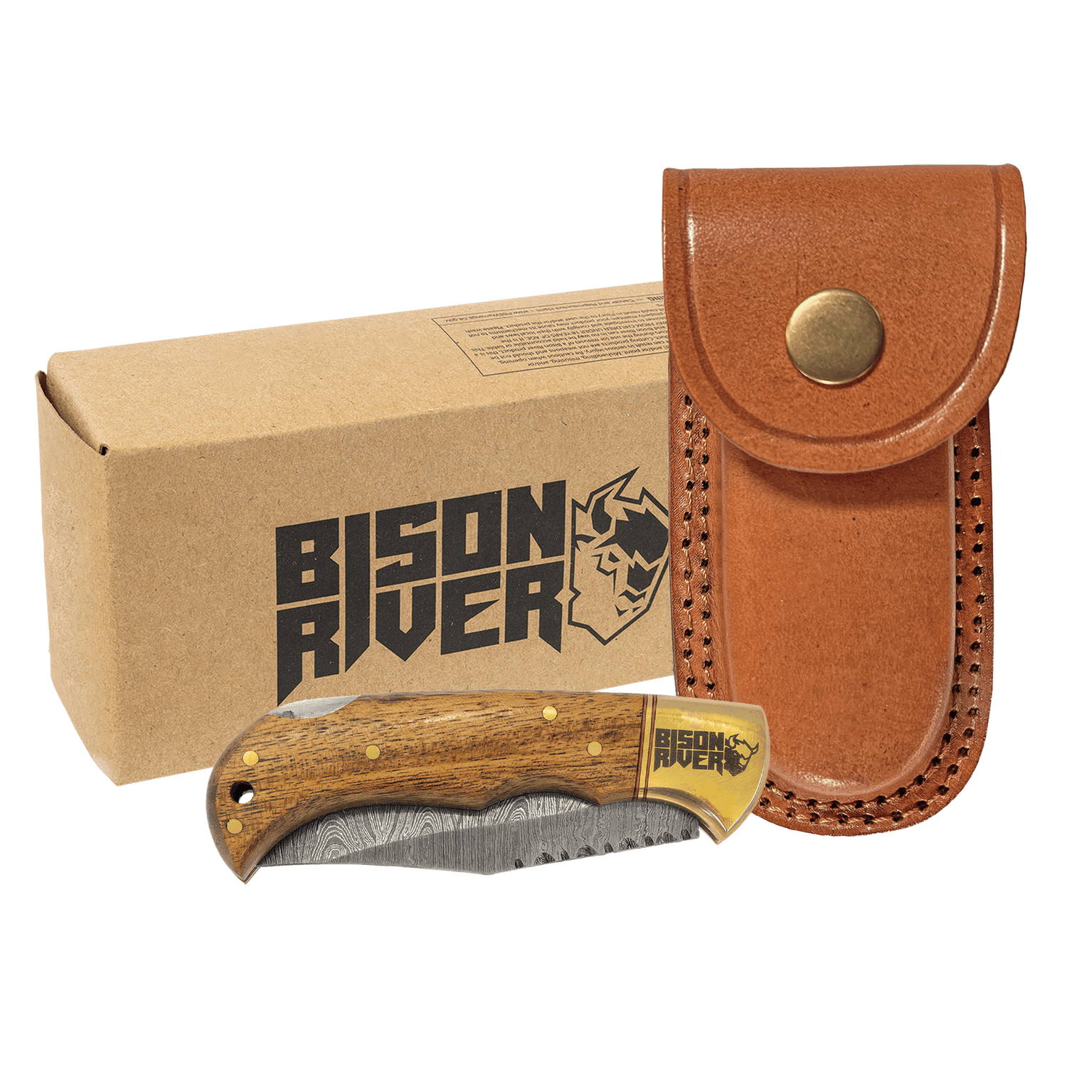 Wood Folding Knife with Damascus Steel Blade and Leather Sheath