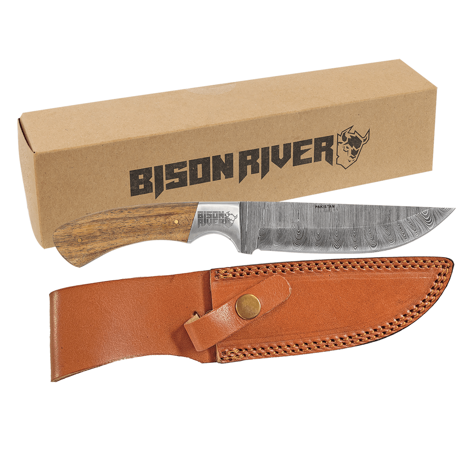 Fixed Blade Wood Handle Knife with Damascus Steel Blade and Leather Sheath
