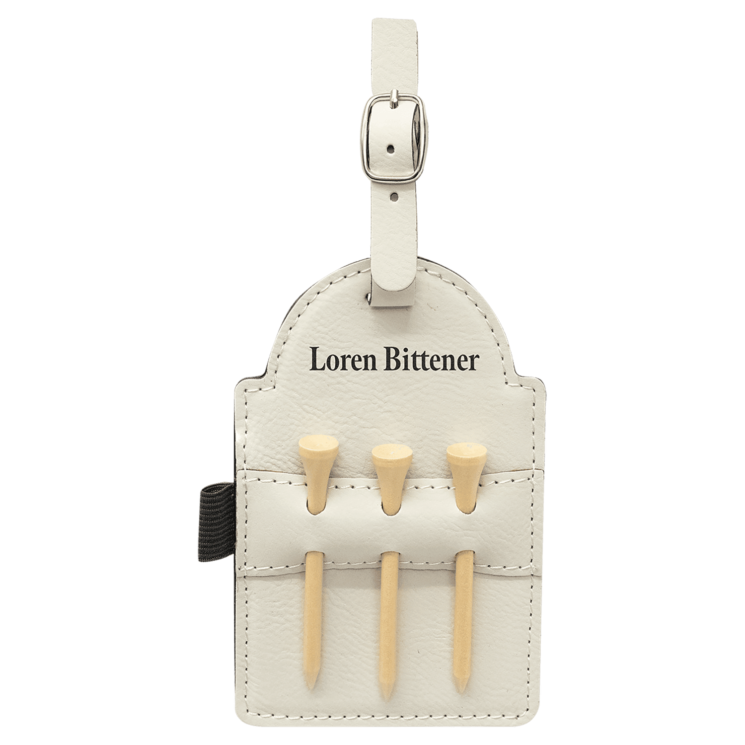 White Leatherette Golf Bag Tag with Wooden Tees