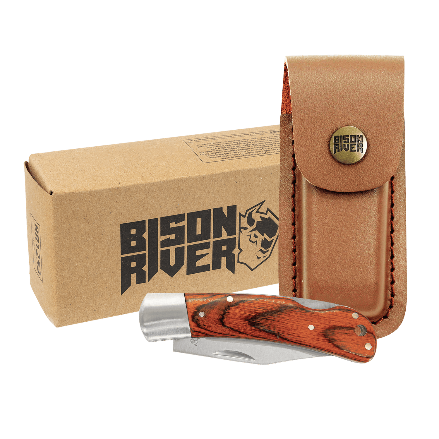 Bison River Wood Handle Folding Knife with Leather Sheath