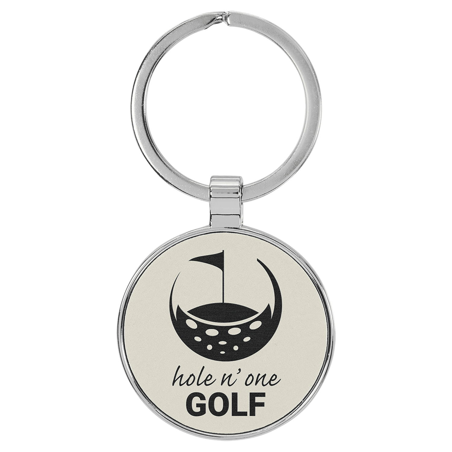White Leatherette Round Keychain with Metal Frame