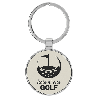 White Leatherette Round Keychain with Metal Frame