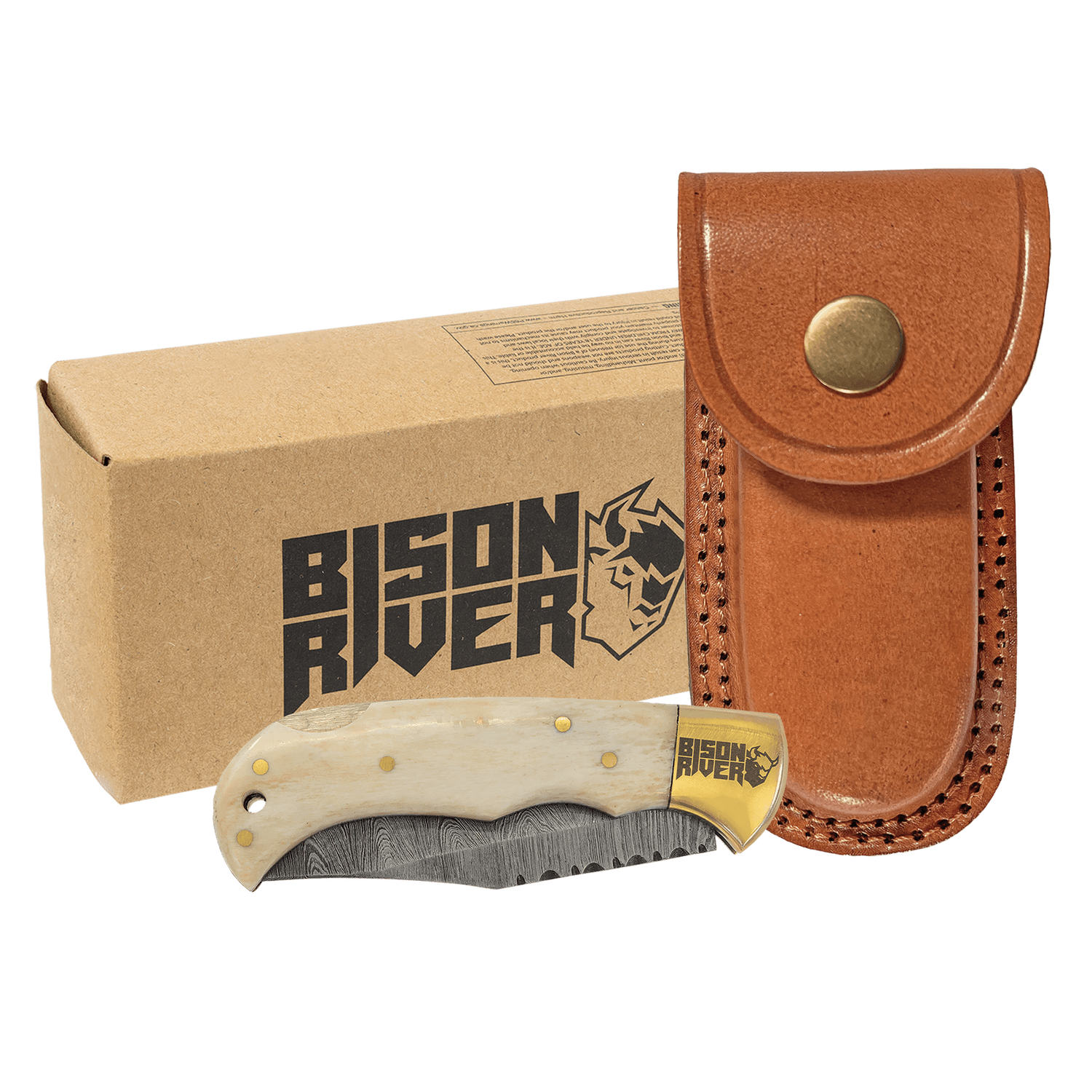 Bone Folding Knife with Damascus Steel Blade and Leather Sheath