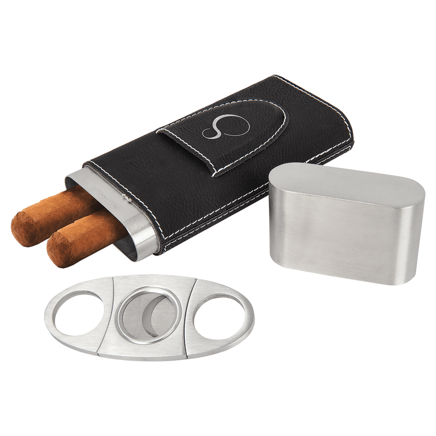 Black/Silver Leatherette Cigar Case with Cutter