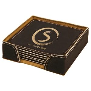 Black/Gold Square Leatherette 6-Coaster Set