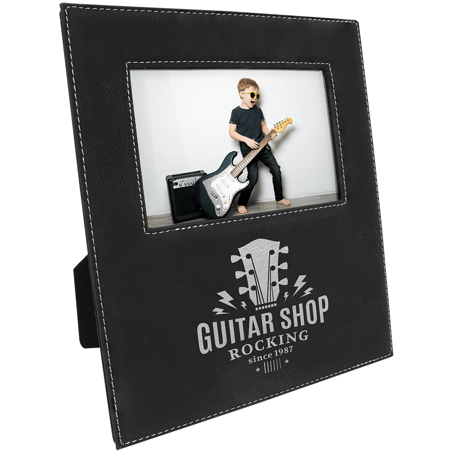 Black/Silver Leatherette Photo Frame with Large Engraving Area