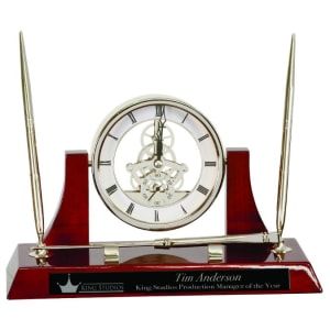 Executive Piano Finish Clock Desk Set w/2 Pens &amp; Letter Opener Silver/Rosewood