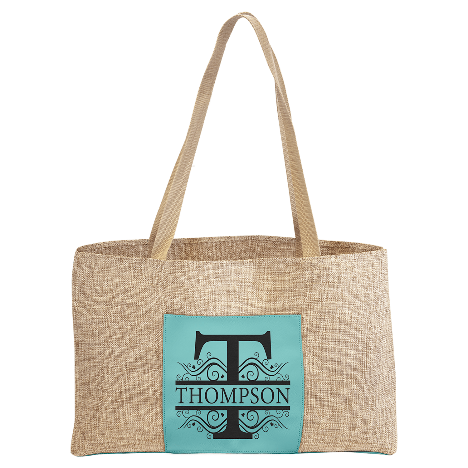 Teal Leatherette and Burlap Tote Bag