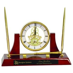 Executive Piano Finish Clock Desk Set with 2 Pens &amp; Letter Opener Gold/Rosewood