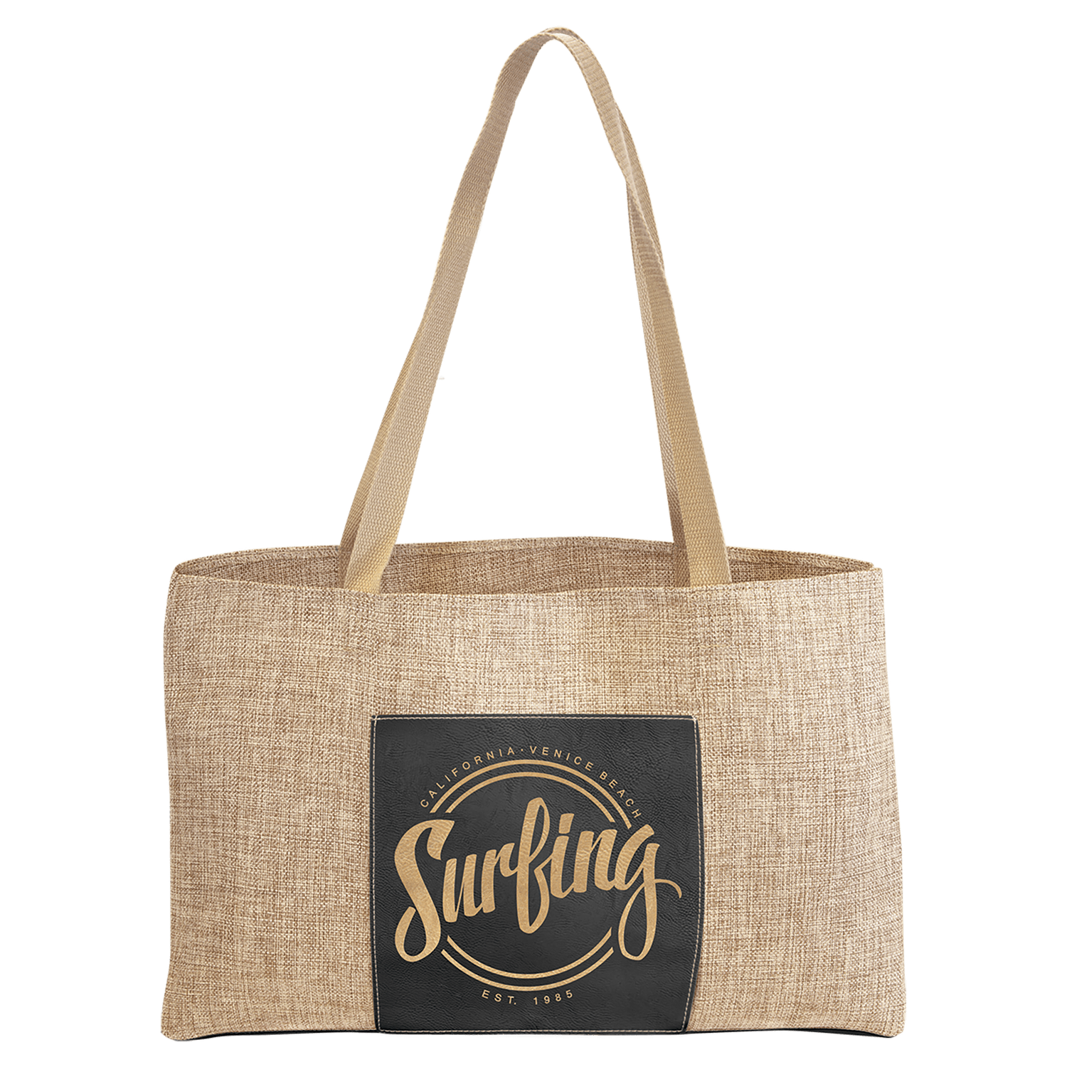 Black/Gold Leatherette and Burlap Tote Bag