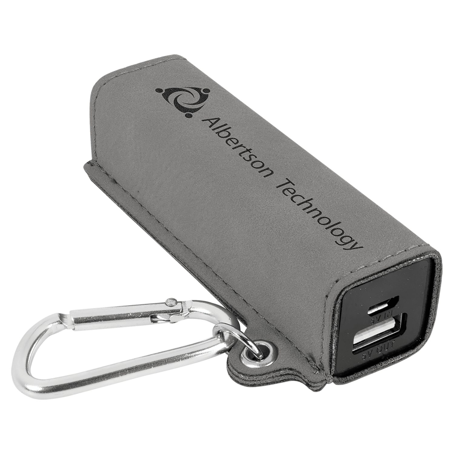 Gray Leatherette Power Bank with Charging Cord and Carabiner