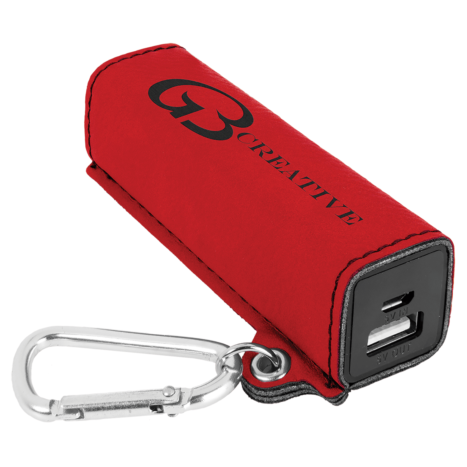 Red Leatherette Power Bank with Charging Cord and Carabiner
