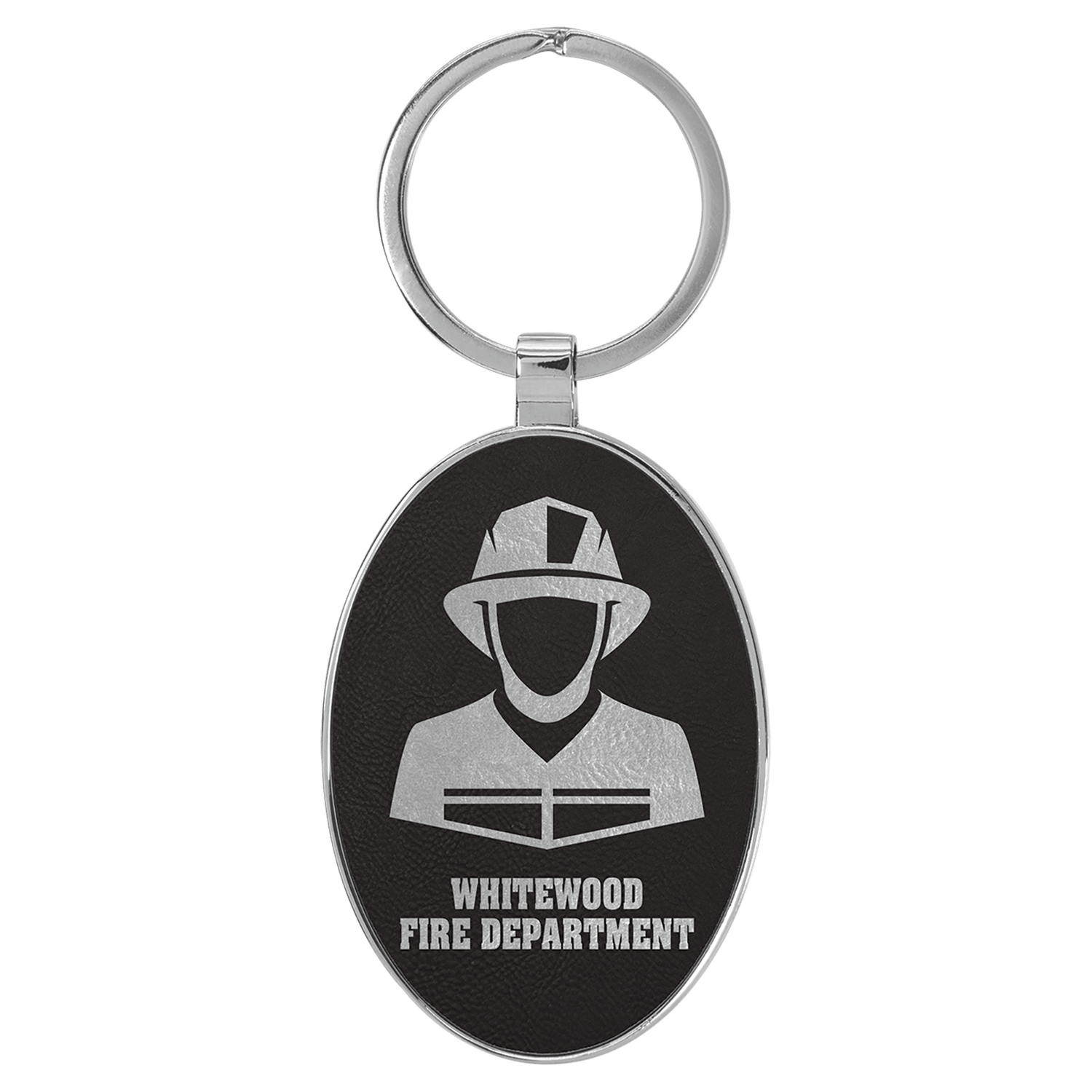 Black/Silver Leatherette Oval Keychain with Metal Frame